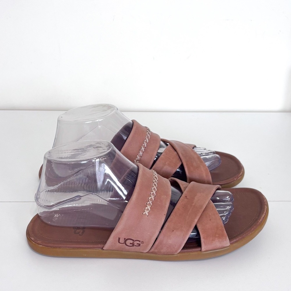 UGG Mens Wainscott Slide Sandals 7 Tan Leather Whipstitch Slip On Criss Cross